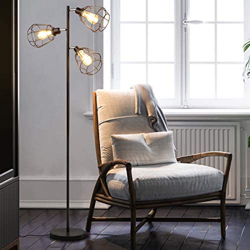 Oneach Tolbert Industrial Floor Lamp Metal Standing 3-Light Tree Floor lamp Black Lamp with Adjustable lampshade for Reading Bedroom Living Room Office Décor, 3 LED Edison Bulbs Included