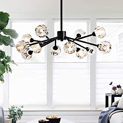 Weesalife Sputnik Chandeliers Modern Crystal Pendant Light Chandelier 12 Lights Mid Century Black Branches Chandeliers Ceiling Light Fixtures for Dining Room Bedroom Living Room G9 Bulbs