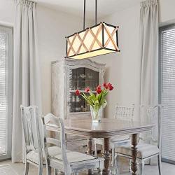 LOG BARN A03283 Farmhouse Chandeliers, Kitchen Lighting in Handmade Antique Metal and Wood Finish with Beige Linen Shade