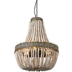 Newrays Wood Bead Chandelier Pendant Three Lights Gray White Finishing Retro Vintage Antique Rustic Kitchen Ceiling Lamp Light Fixtures(Big)