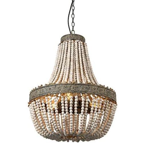 Newrays Wood Bead Chandelier Pendant Three Lights Gray White Finishing Retro Vintage Antique Rustic Kitchen Ceiling Lamp Light Fixtures(Big)