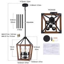 Farmhouse 4-Light Chandelier Rustic Wood Lantern Pendant Light with Imitation Wood and Iron Finish, Adjustable Height Hanging Lighting Fixtures for Dining Room Kitchen Island Hallway Foyer Entryway