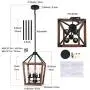 Farmhouse 4-Light Chandelier Rustic Wood Lantern Pendant Light with Imitation Wood and Iron Finish, Adjustable Height Hanging Lighting Fixtures for Dining Room Kitchen Island Hallway Foyer Entryway