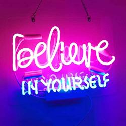 Neon Signs Believe in Yourself Neon Light Sign Hanging Neon Sign Handmade Real Glass Tube Neon Lights Sign Neon Words for Home Bedroom Room Decor Office Party Holidays