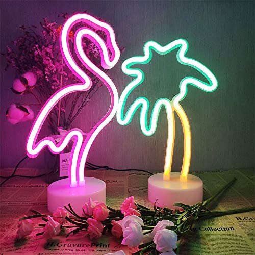 2 Packs Decoration Neon Signs Light Pink Flamingo and Green Palm Tree Neon Wall Decor Lights USB/Battery Powered Neon Lights for Bedroom Girls Kids Birthday Party Christmas (Flamingo&Palm Tree)