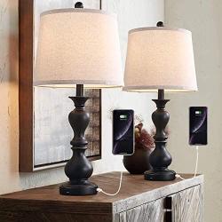 Farmhouse Table Lamp Set of 2, 26'' Rustic Bedside Nightstand Light with 2 USB Ports, Vintage Bedside Lamp for Bedroom Living Room Study Office, Pack of 2 (Black Base, Beige Shade)