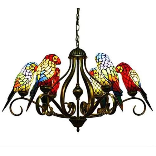 LITFAD Brass Finish Pendant Lighting 110V-120V 6-Light Multicolored Parrot Tiffany Style Stained Glass Chandelier 33.46'' Wide Ceiling Light in Shabby Chic Style for Living Room Restaurants Hotel