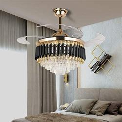 Luxury Crystal Chandelier Fan, 43 Inch Retractable Ceiling Fan with Remote Control, LED 3 Color Changing Invisible Fandelier Ceiling Fan with Light for Dining Room Living Room Bedroom (Black)