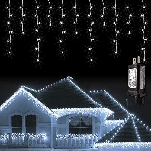 JMEXSUSS 38.8FT 400 LED Icicle Lights 8 Modes Waterproof Christmas Icicle Lights Outdoor with 80 Drops , Indoor Cool White Curtain Icicle Lights