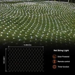 Solar Powered Net String Lights Outdoor Christmas Net Light 15 x 5ft Mesh Tree Fairy Light Garden Twinkle Lights with Remote for Lawn Fence Indoor Decor(White)