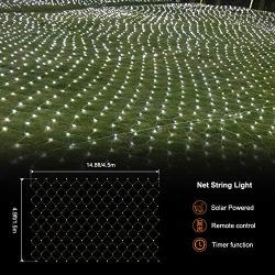 Solar Powered Net String Lights Outdoor Christmas Net Light 15 x 5ft Mesh Tree Fairy Light Garden Twinkle Lights with Remote for Lawn Fence Indoor Decor(White)