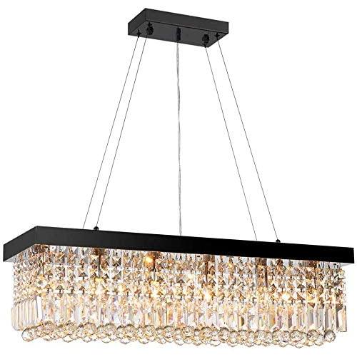 7PM Rectangular Chandelier Crystal Modern Raindrop Hanging Pendant Light Black Iron Frame Lighting for Dining Room L31.5'' x W9.8'' …