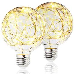 2 Pack BlueX LED Globe Fairy Light Bulb for Ambient Night Lighting, E26 Base, Edison Starry Decorative Vintage Filament String Light Bulb, for Bathroom, Bedroom & Living Room, White