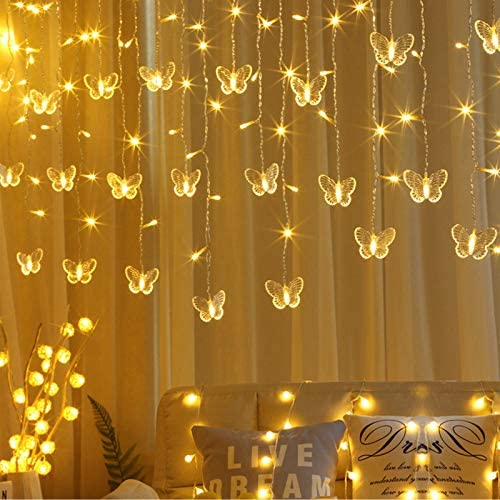 Curtain Butterfly String Light, 8 Modes 120 LED Curtain Fairy Lights, 14.8Ft Butterfly Twinkle Lights with Remote Control for Bedroom Weddings Christmas Tree Decoration (Warm White, 14.7ft x 1.9ft)