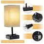 USB Bedside Table Lamp, PENDEI Table Lamp with Dual USB Charging Ports 2 Power Outlet, Metal Base with Grey Linen Fabric Shade, Nightstand Lamps for Bedroom Living Room Office (LED Bulb Included)