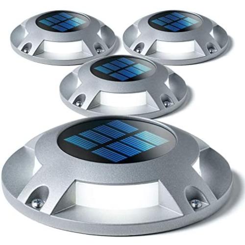Home Zone Security Solar Deck Lights - Outdoor Solar Dock and Driveway Path Lights, Weatherproof with No Wiring Required, Silver (4-Pack)
