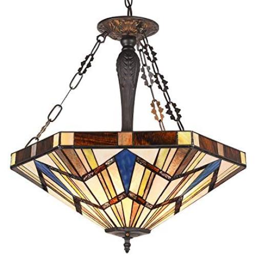 Capulina Tiffany Dining Table Lights, 3-Light Hanging Tiffany Style Lamp, 22.7 Inch Wide Stained Glass Dining Room Lights, Mission Style Tiffany Hanging Light, Inverted Ceiling Light for Living Room