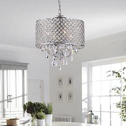 Edvivi Marya 4-Light Chrome Round Crystal Chandelier Ceiling Fixture | Beaded Drum Shade | Glam Lighting