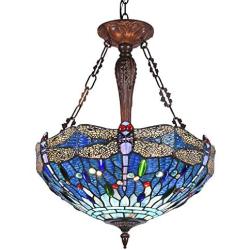 Capulina Dragonfly Design Tiffany Dining Table Lights, 3-Light Hanging Tiffany Style Lamp, 18 Inch Wide Stained Glass Dining Room Lights, Pendant Lights, Tiffany Hanging Light