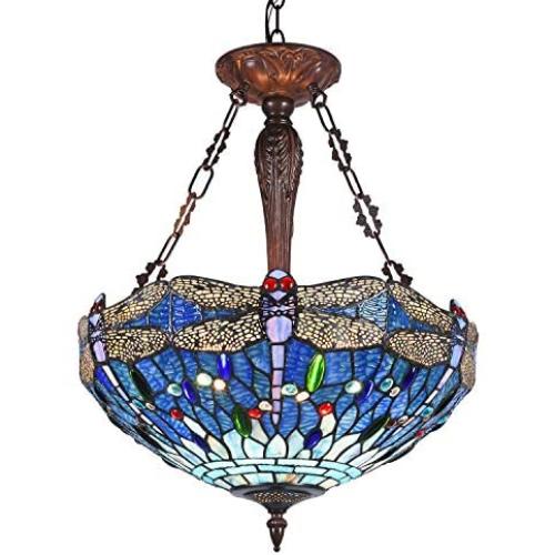 Capulina Dragonfly Design Tiffany Dining Table Lights, 3-Light Hanging Tiffany Style Lamp, 18 Inch Wide Stained Glass Dining Room Lights, Pendant Lights, Tiffany Hanging Light