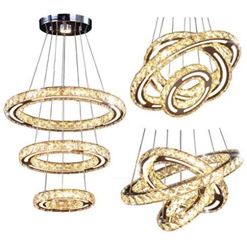 Crystal Pendant Lighting Warm White Modern LED Ceiling Lights Fixtures Adjustable Stainless Steel Long Crystal Chandelier Light with 3 Rings Ceiling Lamp for Bedroom Living Room Dining Room