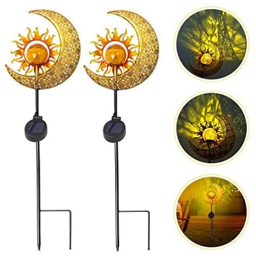 Kyson Sun Moon Solar Lights Garden Outdoor Waterproof Metal Decorative Stakes Crackle Glass Globe Warm White LED for Walkway,Yard,Lawn,Patio (2 Pack)