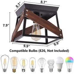 Eyassi 1-Light Rustic Farmhouse Flush Mount Ceiling Light, Wood Close to Ceiling Lights, Industrial Small Semi Flush Mount Light Fixture for Living Room Kitchen Island Bedroom Hallway Laundry