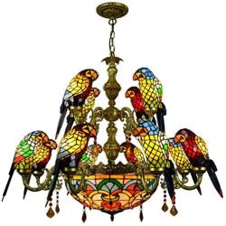 Tiffany Style Parrot Bird Chandeliers Vintage 12 Heads Double Layer Stained Glass Inverted Ceiling Pendant Light Adjustable Chain for Dining Room Cafe Bar