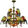 Tiffany Style Parrot Bird Chandeliers Vintage 12 Heads Double Layer Stained Glass Inverted Ceiling Pendant Light Adjustable Chain for Dining Room Cafe Bar