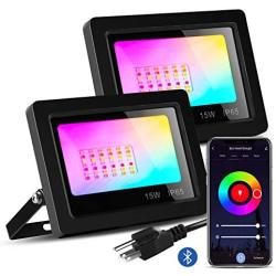 Smart LED Flood Light 100W Equivalent, APP, Bluetooth RGB Color Changing Flood Light Outdoor, 3000-6500K, 16 Million Color, Timing, Music Sync, Stage and Landscape Waterproof Wall Washer Light, 2 Pack