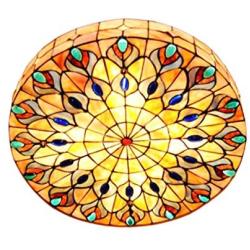 Vintage Tiffany Style Flush Ceiling Light, 20 Inch Stained Glass Chandelier, Hand-Made Lampshade with Pearl Decor Lampshade, Art Shell Decor Chandelier Ceiling Lamp for Bedroom Living Room