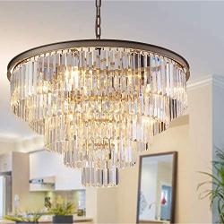 MEELIGHTING Nickel Modern Crystal Chandelier Lights Pendant Ceiling Light Vintage Contemporary Chandeliers Lighting Fixture Big (5-Tier 16Lights) for Dining Living Room Kitchen Island Bedroom W32''