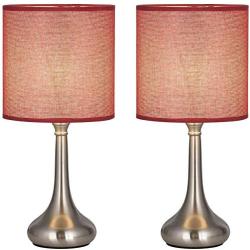 Nightstand Table Desk Lamps Set of 2, Vintage Bedside Metal Body Lamp with Fabric Shade for Living Room, Kids Room, Bedroom, Office, Study and Café, Dark Red