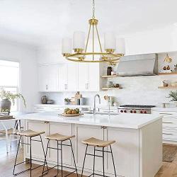 TODOLUZ 6 Lights Farmhouse Dining Room Chandelier Brushed Brass Ceiling Hanging Light Fixture with Opal White Glass Shades for Kitchen Bedroom