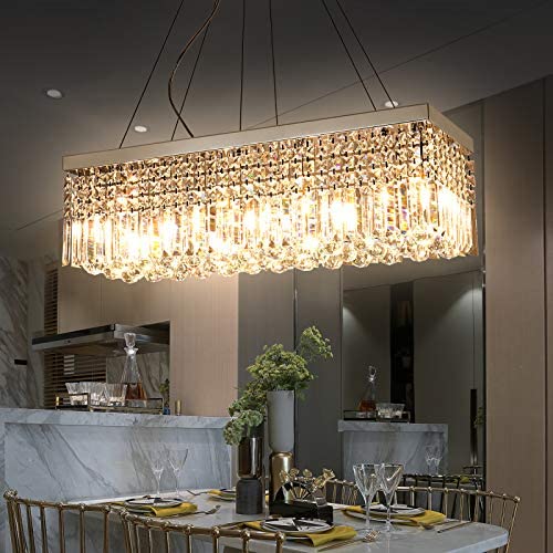 Crystal Chandelier, 4-Light Modern Chandelier, Rectangle Raindrop Ceiling Light Fixture for Dining Room Kitchen Islander E12 Bulbs Required L33''x W10”x H7”