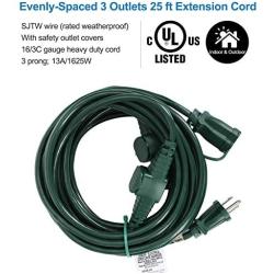 DEWENWILS 25 Ft Outdoor Extension Cord Multiple Outlets, Evenly Spaced 3 Outlets Plugs with Safety Cover, 16/3 SJTW Weatherproof Wire for Christmas Outdoor Lights and Holiday Decorations, UL Listed