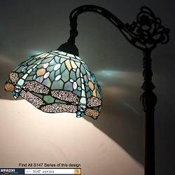 Tiffany Style Reading Floor Lamp W12H64 Inch Sea Blue Stained Glass Crystal Bead Dragonfly Lampshade Antique Lighting Arched Base S147 WERFACTORY Lamps Living Room Bedroom Coffee Table Lover Gifts