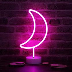 LED Neon Moon Lights, Moon Shape Neon Signs Crescent Night Lights Battery Operated Desk Table Lamp for Bedroom, Bar, Wall Decor-Moon with Holder Base(Pink)