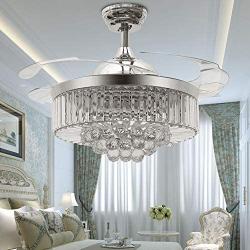 TiptonLight Modern Crystal Ceiling Fan with Lights, 42 Inch Remote Control Crystal Chandelier Fan 4 Acrylic Retractable Blades with 3 Color Light for Living Room Office Restaurant Hote