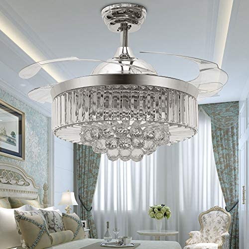 TiptonLight Modern Crystal Ceiling Fan with Lights, 42 Inch Remote Control Crystal Chandelier Fan 4 Acrylic Retractable Blades with 3 Color Light for Living Room Office Restaurant Hote