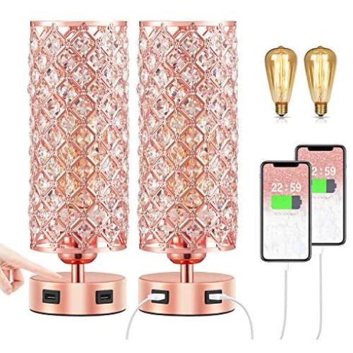 Touch USB Crystal Rose Gold Lamp Set of 2, 3-Way Touch Crystal Lamps with Dual USB Ports, Dimmable Nightstand Desk Light, Pink Bedside Table Lamp for Bedroom(Bulb Included&Set of 2)