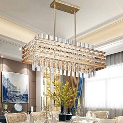 TZOE Modern Rectangle Chandelier，Crystal Chandeliers for Dining Rooms，L29.1'' x W11.4'' x H48.5'',6 Light，Adjustable Height