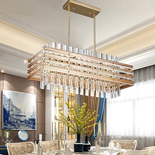 TZOE Modern Rectangle Chandelier，Crystal Chandeliers for Dining Rooms，L29.1'' x W11.4'' x H48.5'',6 Light，Adjustable Height