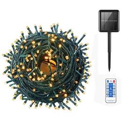 MZD8391 500LED 164FT Solar Power Christmas Lights Outdoor Indoor String Lights 8 Modes with Remote Control for Christmas Tree Decoration (Warm White)