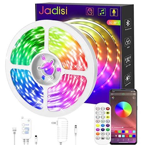 32.8ft Led Strip Lights, Jadisi Bluetooth Music Sync Led Lights for Bedroom with 24 Keys IR Remote, App Controlled with Built-in Mic Color Changing 5050 RGB Led Light Strips(1 Roll of 32.8ft)