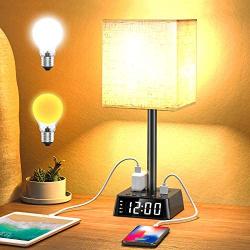 Table Lamp - Bedside Table Lamps with 4 USB Ports and Power Outlets, Alarm Clock Base w/ 6Ft Cord, Square Oatmeal Fabric Lampshade Modern Accent Nightstand Lamps for Bedrooms Living Room Office