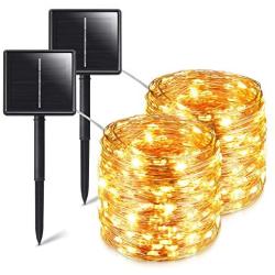 HUPULL Solar String Lights，2-Pack Solar Lights Outdoor，Each 72ft 200LED Solar Fairy Lights with 8 Lighting Modes, IP65 Waterproof Decoration Copper Wire Lights for Garden Patio Party (Warm White)