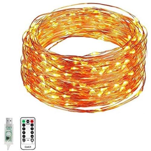 Led String Lights USB Powered 33 ft. Fairy Lights Waterproof Copper Wire with Remote Control 8 Models Warm White for Indoor, Bedroom Festival Christmas Wedding Party Patio Window