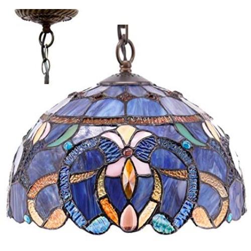 Tiffany Hanging Light W12H32 Inch Blue Purple Cloudy Stained Glass Pendant lamp 1E26 S558 WERFACTORY Series Lamps Chandelier Ceiling Fixture Kitchen Island Bar Hallway Living Room Dining Room Loft