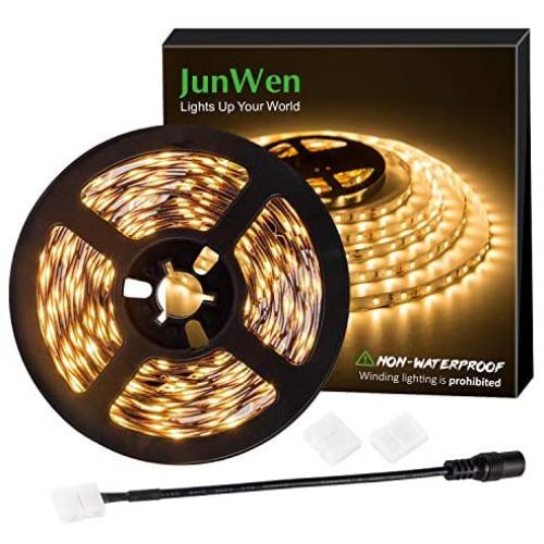 JUNWEN Flexible LED Strip Lights, Warm White,16.4ft 300LEDS 2835 LED Ribbon, String Light, 12V Tape Lights, Non Waterproof, Under Cabinet Childrens Rooms Hallway Staircase Corridor Collectable